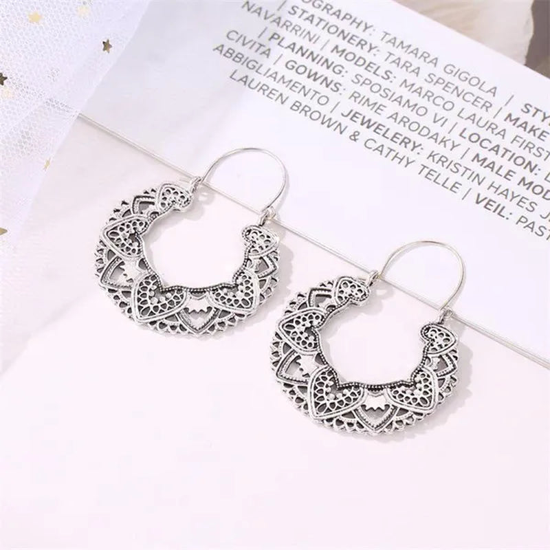 2023 new vintage fashion ladies bohemian 925 silver petal heart-shaped metal totem earrings earrings large hoop earrings glamorous bridal wedding engagement earrings anniversary birthday party gift jewelry 1 pair