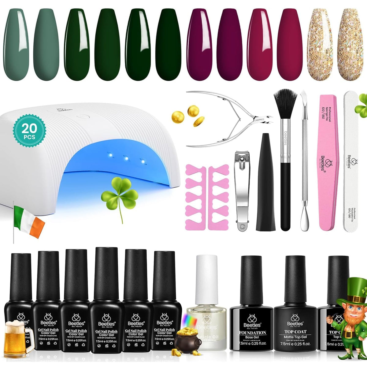 Beetles Gel Nail Polish Kit with 48W light 18 Pcs Gel Starter Kit,6 colors Nude Pink French White Glitter Gel Polish Soak Off Base Top Coat Gel Art Manicure Kit