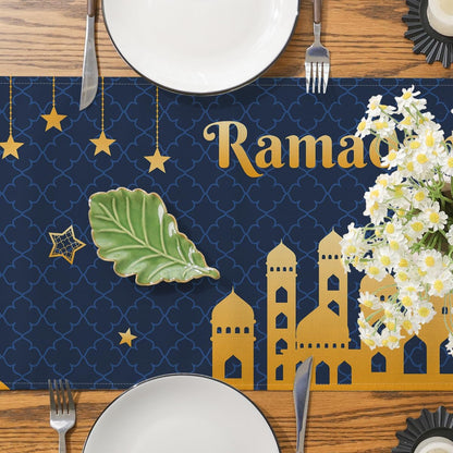 Ramadan Decorations for Home, Ramadan Table Runner Eid Mubarak Mosque Muslim Islamic Golden Moon Religious Table Runner Holiday Decor Dining Table Decoration (13'' X 48'')