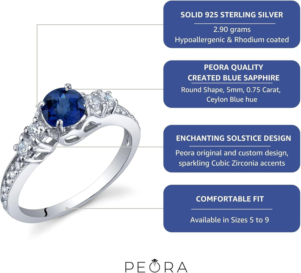 Created Blue Sapphire Women Ring 925 Sterling Silver, Enchanting Solstice Design, 0.75 Carat round 5Mm Sizes 5 to 9