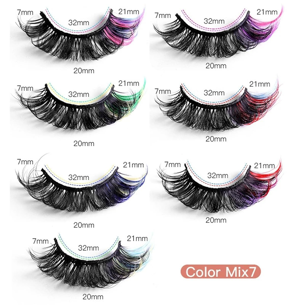 Colored Lashes 20Mm Strip False Eyelashes Kit with Color Fluffy 8D Thick Volume Lash Tint Curly Rainbow Fake Eye Lashes 7 Pairs Multi Pack