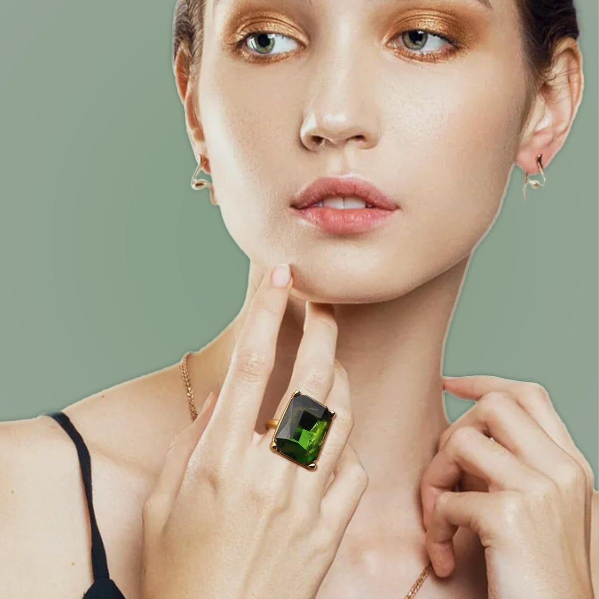 Gold Exaggerated Emerald CZ Crystal Rings for Women, Statement Costume Jewelry Gift