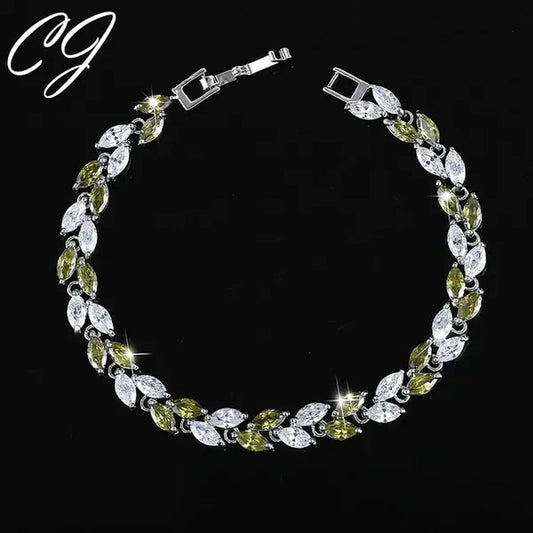 CANDICE 100% Real Silver Female Jewelry Simple Leaf Shape Multicolor Cubic Zirconia Strand Bracelet For Lady