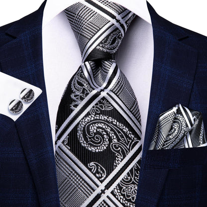 Mens Plaid Ties Classic Paisley Necktie with Handkerchief Cufflinks Set Business Stripe Tie