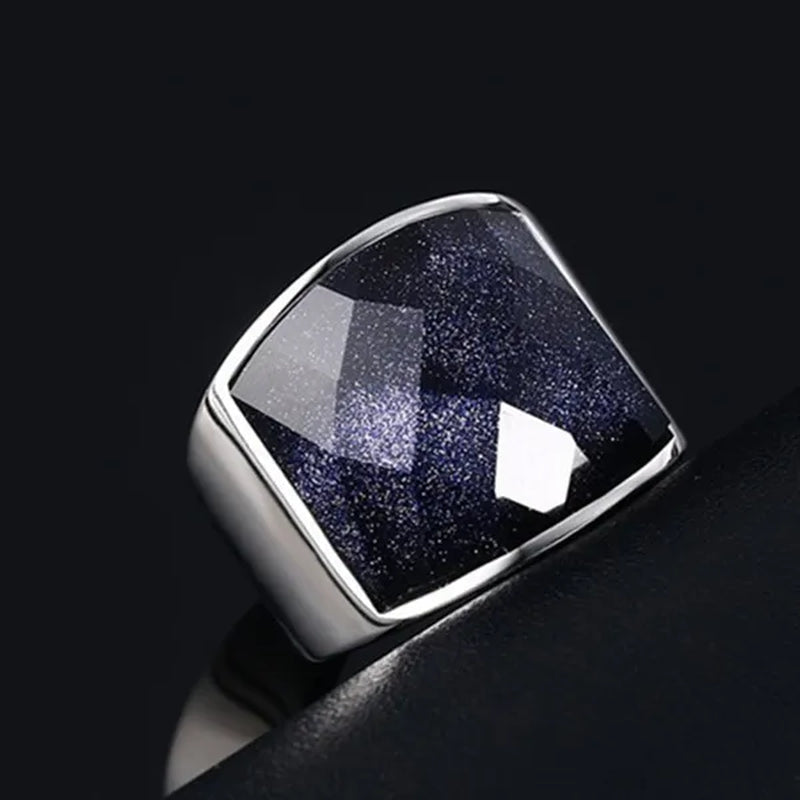 Men's Fashion Jewelry High Polished Silver Titanium Steel Ring With Blue Gravel (Blue Sandstone) Mens Wedding Band Fine Rings
