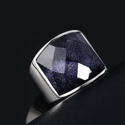 Men's Fashion Jewelry High Polished Silver Titanium Steel Ring With Blue Gravel (Blue Sandstone) Mens Wedding Band Fine Rings