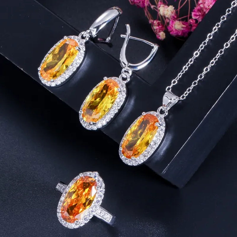 Gloriya Brand 925 Sterling Silver Bright Oval Yellow Topaz Crystal with White CZ Pendant Necklace Earrings and Ring Set for Women Gorgeous Cocktail Party Jewelry Sets