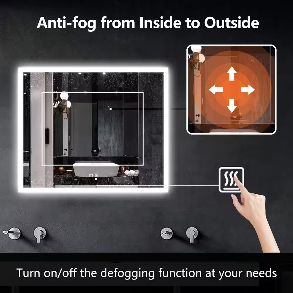 36 In. W X 30 In. H Rectangular Frameless LED Light with 3-Color and Anti-Fog Wall Mounted Bathroom Vanity Mirror