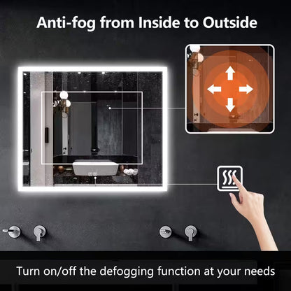 36 In. W X 30 In. H Rectangular Frameless LED Light with 3-Color and Anti-Fog Wall Mounted Bathroom Vanity Mirror