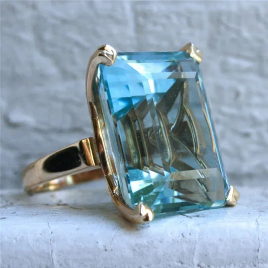 Natural Aquamarine Diamond Ring 14K Yellow Gold Women's Big Engagement Jewelry