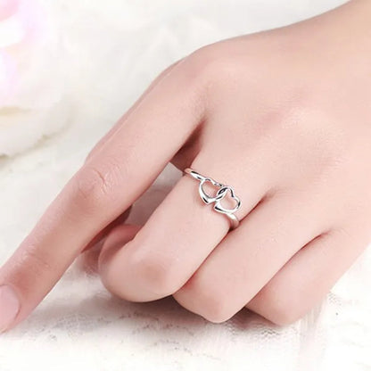 Cute Simple Double Heart Shaped Ring Elegant 925 Sterling Silver Rings Gifts for Women Girl