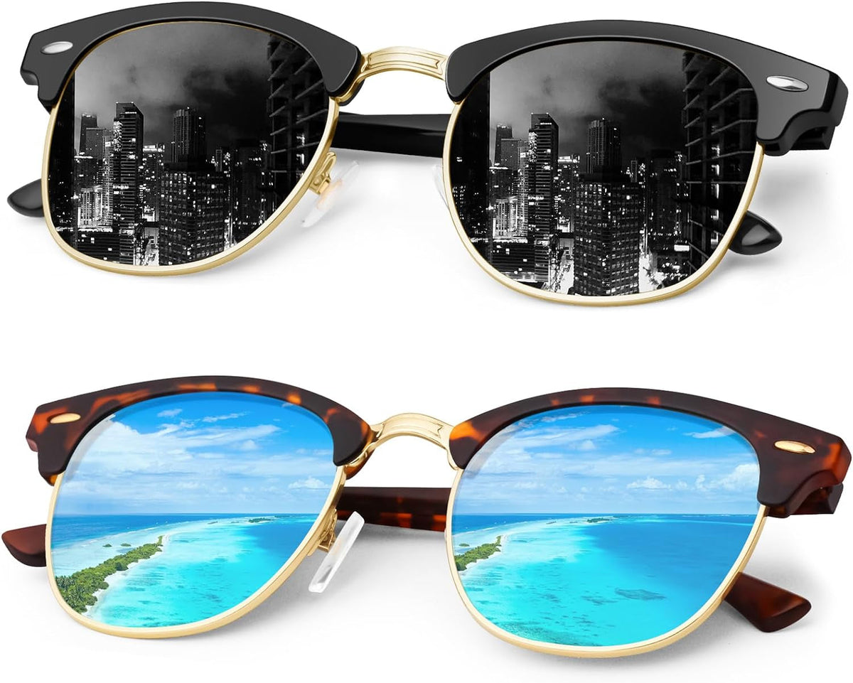 Classic Polarized Sunglasses for Men and Women Retro Style Semi Rimless Frame Sun Glasses 100% UV Protection Goggles