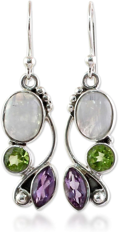 Artisan Handcrafted Multigemstone Dangle Earrings | .925 Sterling Silver Handmade Dangle Earrings | Rainbow Moonstone Clear Green Multicolor Purple Dangle Earring | Natural Glamour Themed
