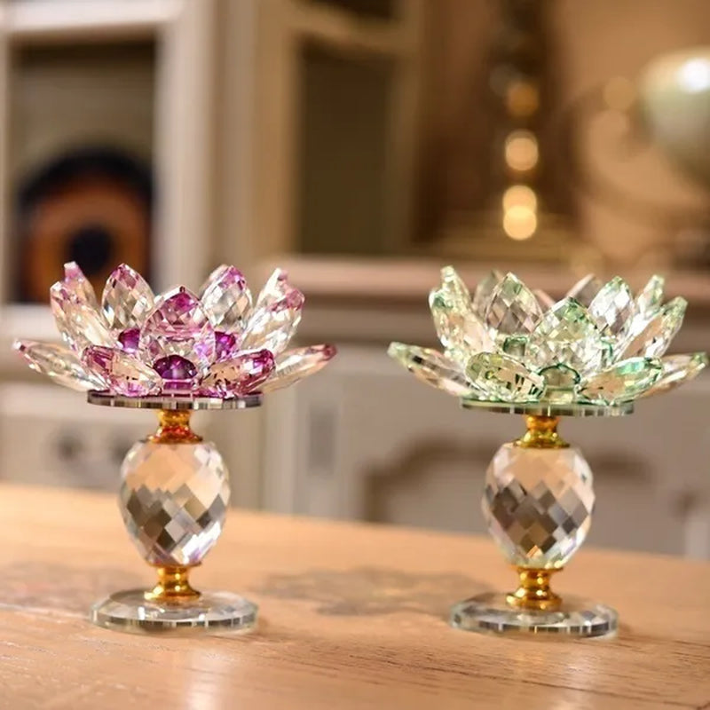 Crystal Glass Lotus  Candle Tea Light Holder Buddhist Candlestick Home Decoration