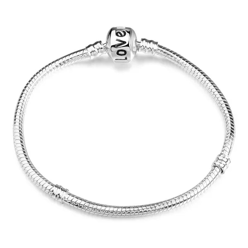 NEW Fashion 925 Sterling Silver White Flashing Double sided Heart Snake Chain Bracelet For European Bangle Bracelet Jewelery Making DIY