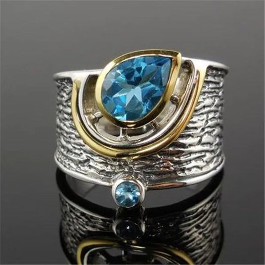 Fashion Boho Two Tone Ring Blue Sapphire Vintage Wide Ring for Women Fine Jewelry Gifts