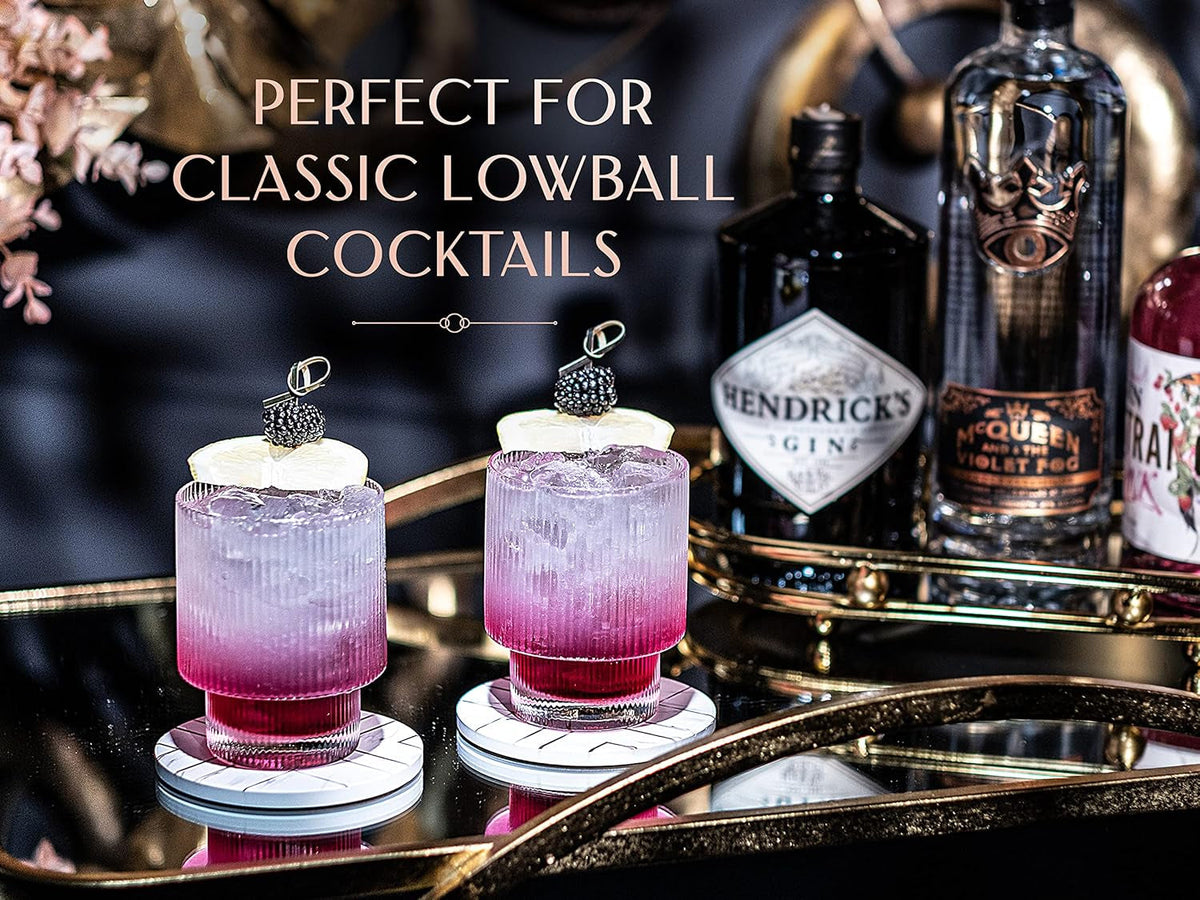 Vintage Art Deco Ribbed Lowball Cocktail Glasses | Set of 4 | 12 Oz Crystal Double Old Fashioned Tumblers for Drinking Classic Whiskey, Gin, Vodka Bar Drinks | round Glassware