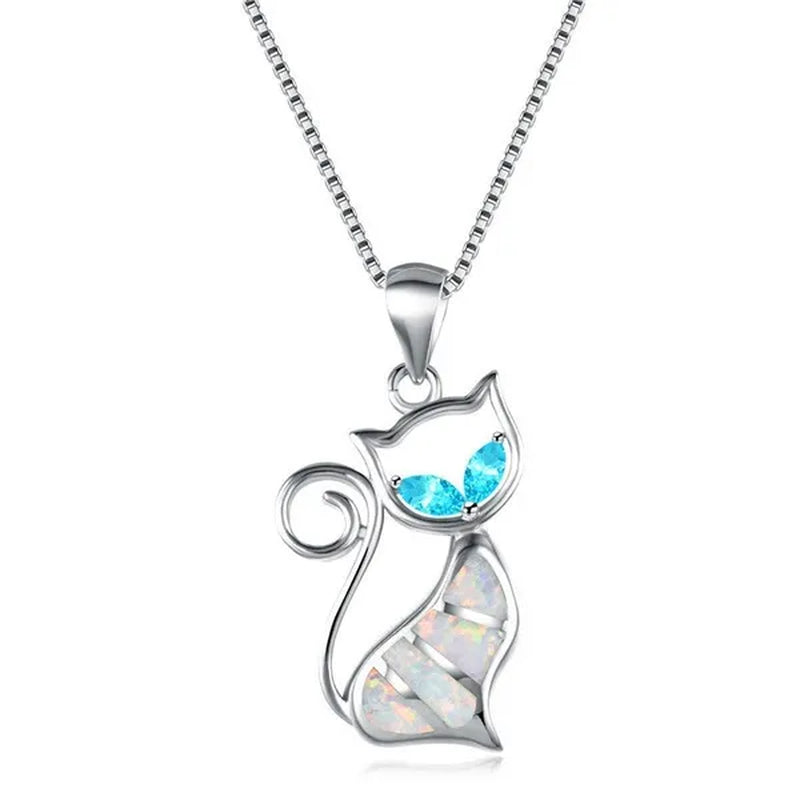 Fashion Elegant 925 Silver White Fire Opal Sapphire Cat Pendant Necklace Womens Jewelry Gifts