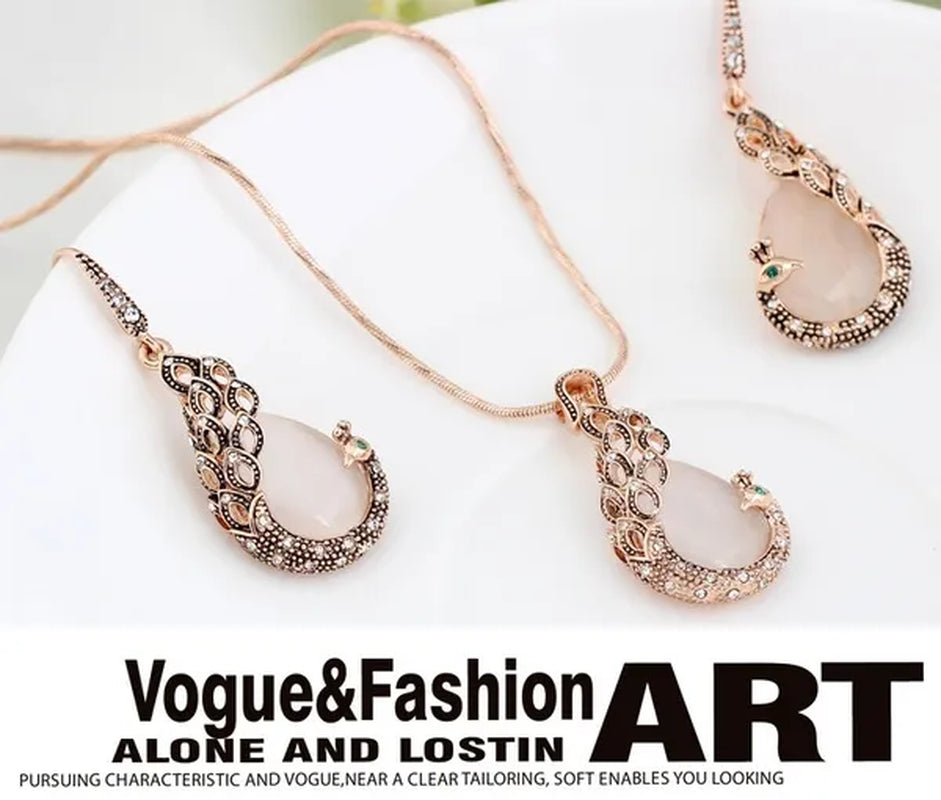 Fine Jewelry sets 2017 New Fashion KC rose Gold Filled opal Crystal Peacock Necklace Earring Wedding jewellery Set for women