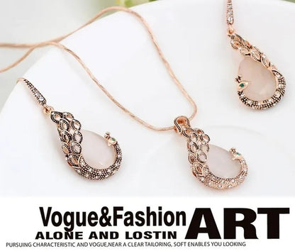 Fine Jewelry sets 2017 New Fashion KC rose Gold Filled opal Crystal Peacock Necklace Earring Wedding jewellery Set for women