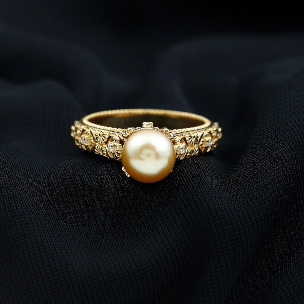 Real Golden Pearl Diamond Engagement Ring, AAA Quality, South Sea Pearl Flower Ring - Ready to Gift