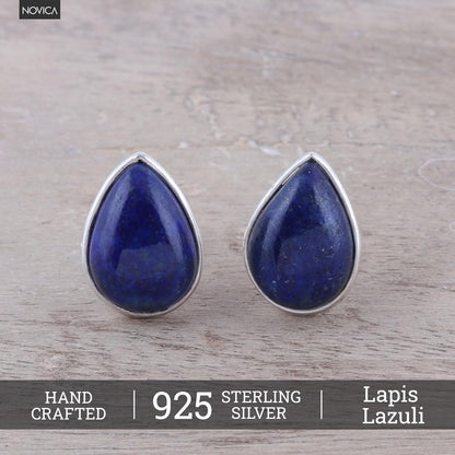 Artisan Handmade Jewelry Teardrop Earrings | Lapis Lazuli Button Earrings | .925 Sterling Silver Teardrop Earrings from India | Crafted by Hand Birthstone Gemstone Earrings 'Mystic Tears'