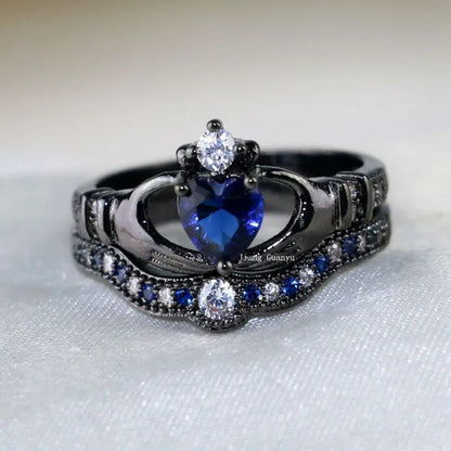 TWO Rings Couple Rings Sainless Steel Men's Ring Black Gold Filled Claddagh Ring Heart 1ct Sapphire Women's Wedding Ring Sets