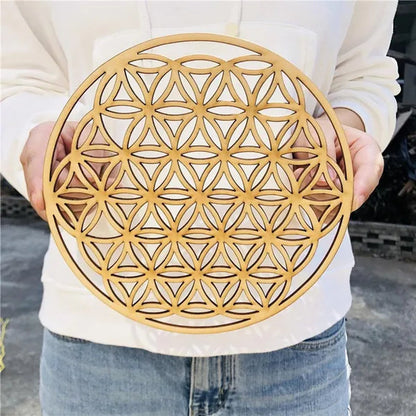 1 PC Making Sacred Geometry Ornament Laser Cut Handmade Coasters Wood Wall Art Home Decor Wooden Wall Sign Flower Of Life Energy Mat Flower of Life Shape Slice Wood Base