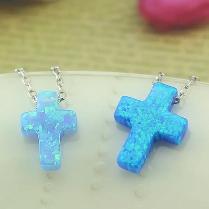 Blue Opal Cross Shaped Pendant Necklace for Women 925 Sterling Silver Chain Opal Jewelry