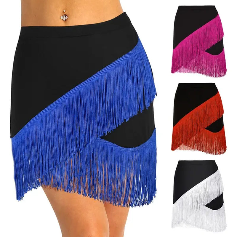 Women Adult Wear Elastic Waistband Fringe Flowing Tassels Latin Skirt Tango Rumba Dancewear