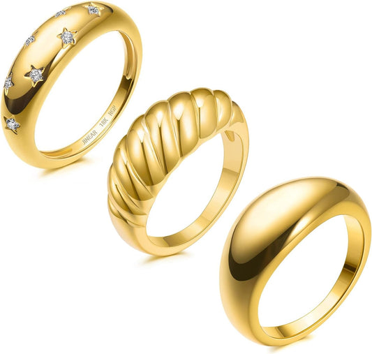 18K Gold Plated Croissant Braided Twisted Signet Chunky Dome Ring Stacking Star Band for Women and Men Statement Wedding Ring Minimalist Jewelry Size 5 to 10