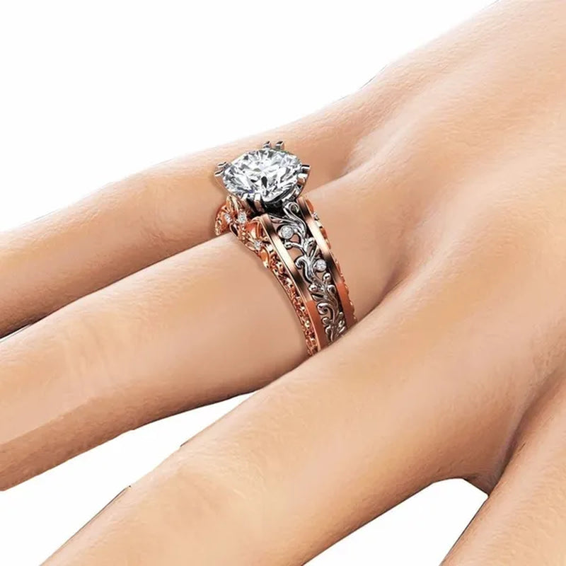10mm Round Cut Rose & White Gold Plated 925 Sterling Silver Champagne & White Topaz Bridal Engagement Two Tone Gold Ring Size 5-11