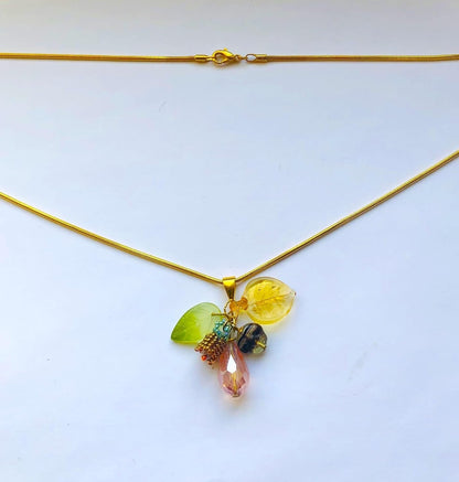 Beadwoven Lily Flower Cluster, Ombre Glass Leaf, Beige Pink Floral Crystal Briolette Pendant, Gold Filled Long Snake Chain