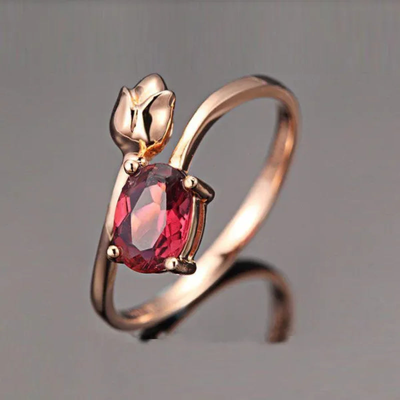 Fashion Rose Gold Tulip Ruby Ring Zircon Ring Engagement Ring Gift Lover Party Wedding Rings Size 6-10