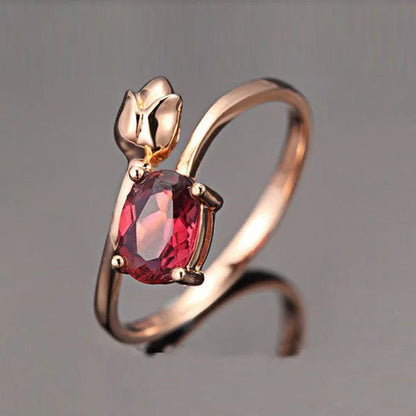 Fashion Rose Gold Tulip Ruby Ring Zircon Ring Engagement Ring Gift Lover Party Wedding Rings Size 6-10
