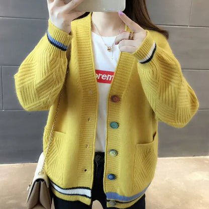 New Fashion Pull Femme Autumn and Winter Wool Pure Cashmere Sweater Cardigan Pullovers Long Sleeve Women Striped Stitching Color Knitted Cardigans Pullover Damen Jumper Outwear Coat