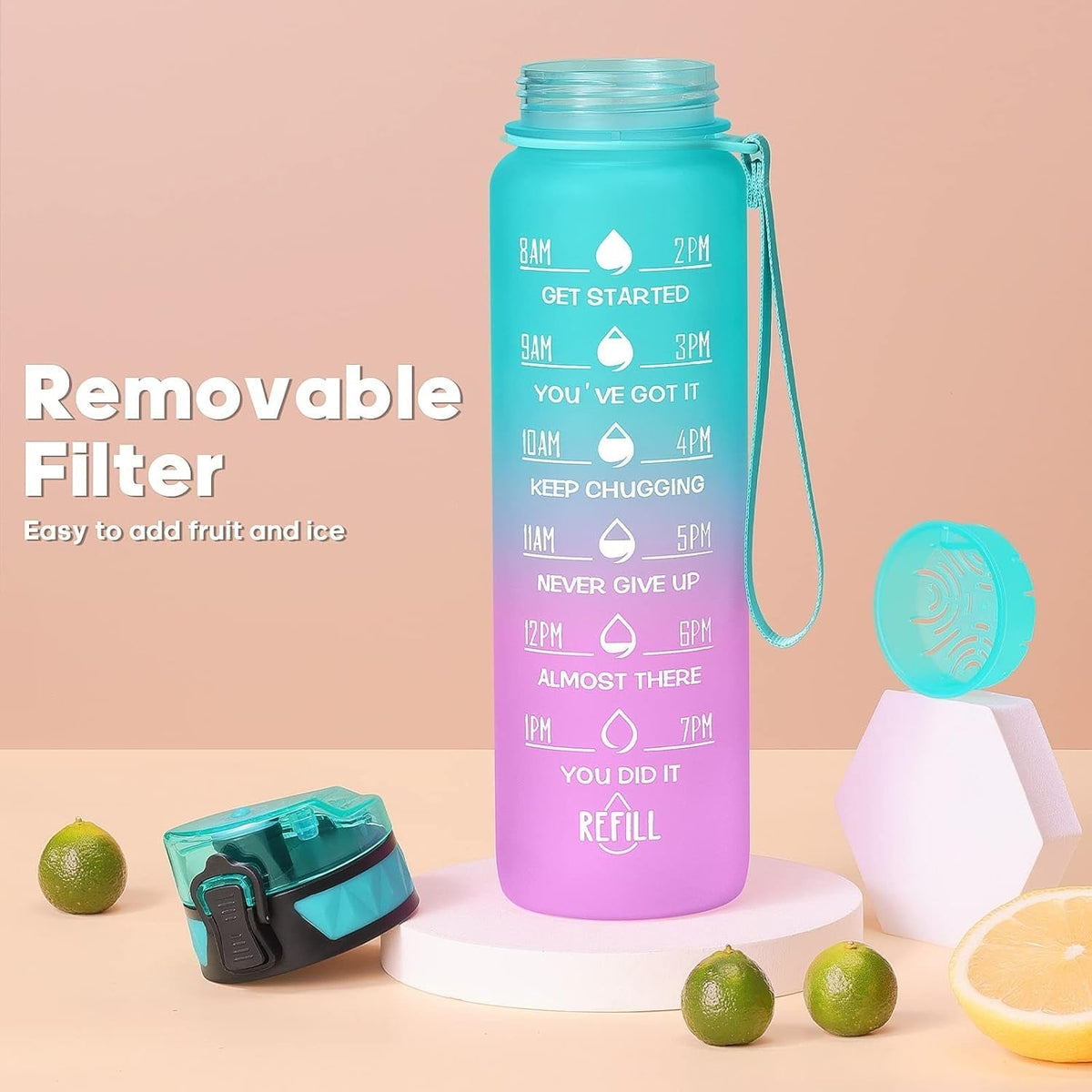 Motivational Water Bottle with Time Marker, 32 Oz (950 Ml), Bpa-Free Plastic, Easy Drink Straw, Fits Cup Holder