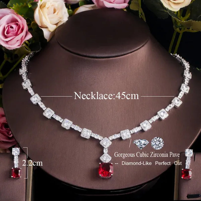 CANDICE Fashion Modern Bridal Party Jewelry White Cubic Zirconia with Exquisite Red Stone Square Drop Necklace Earrings Set for Brides