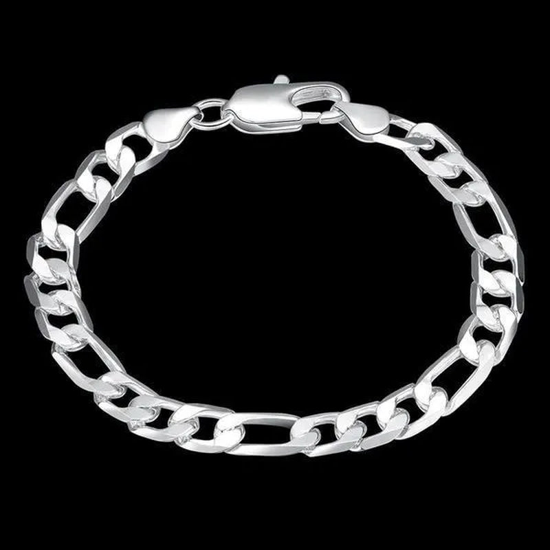 2Pcs/Set(Bracelet+Necklace) Charm Men Women Figaro Curb Link Chain Bracelet Necklace Fashion 925 Sterling Silver Exquisite Jewelry Gifts