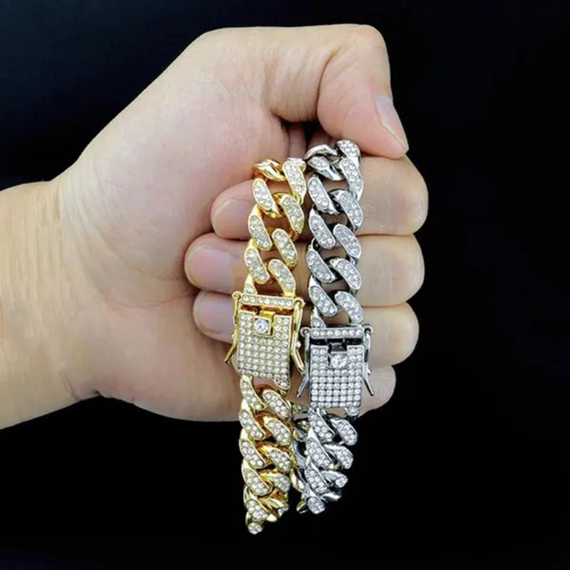Cuban Link Chain Gold Silver Plated Bling Miami Cuban Necklace Diamond Chain for Fashion Men Iced Out Hip Hop Jewelry 1Pcs