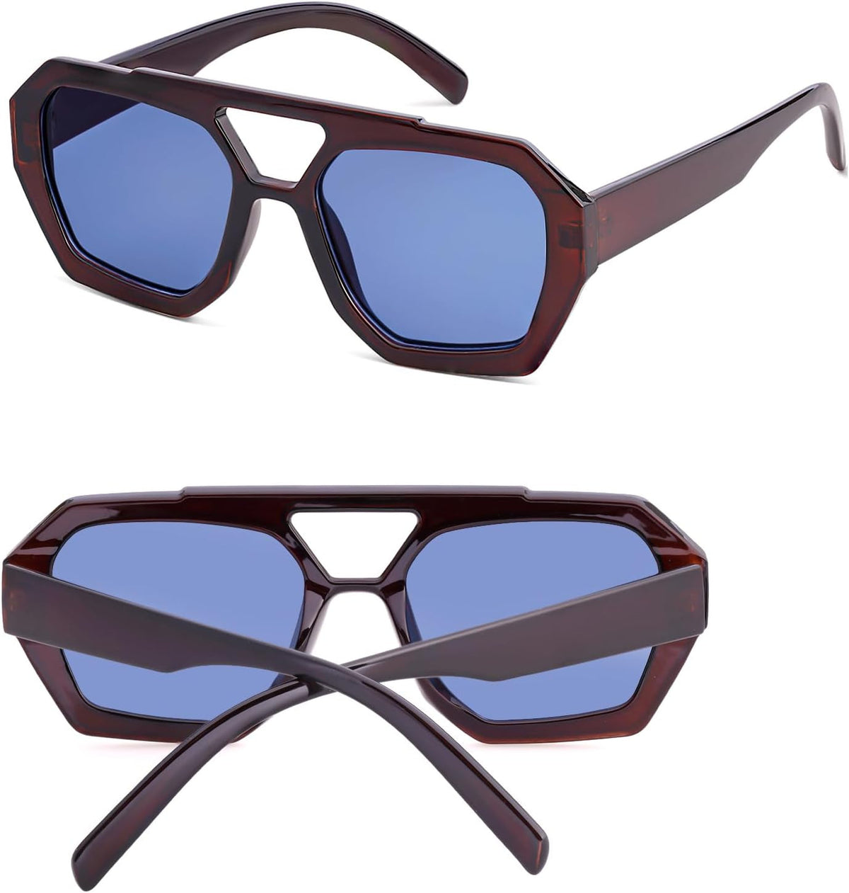 Trendy Designer Inspired Aviator Sunglasses for Women Men Hexagonal Square Thick Frame Double Bridge Sun Glasses