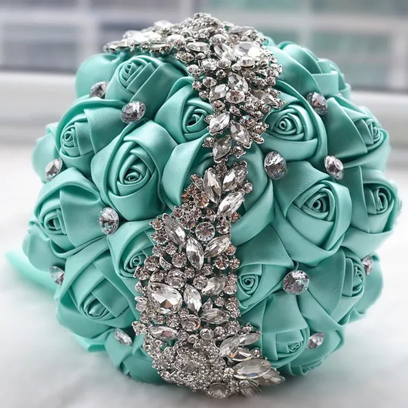 18CM Silk Rose Ribbon Wedding Bouquet Shiny Diamond Brooch Bridal Bouquet Creative Handmade DIY Bridesmaids Holding Flowers Wedding Party Simulation Flower
