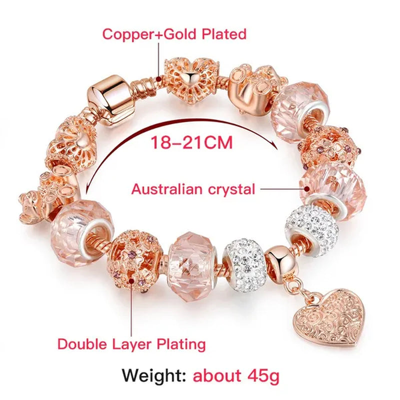 Rose Gold Heart-Shaped Charm Bracelets Fashion Jewelry Beaded Bracelet Birthday Christmas Gifts For Girl Women