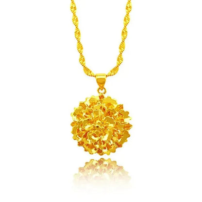 Women Wedding Jewelry Real 18 K Gold Flower Design Pendant Chain Necklace 16-30 Inch （Water Wave Chain）