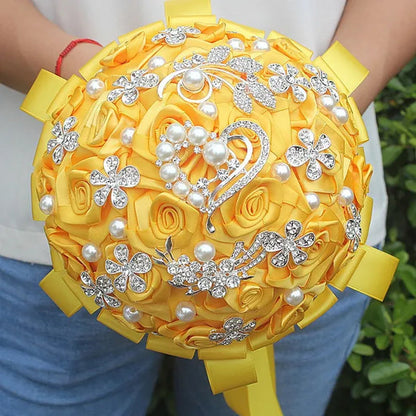 Customized Gold Yellow Silk Rose Wedding Bouquet Diamond Pearl Brooch Bride Bouquet Ribbon Bridesmaid Bouquet Wedding Simulation Flower