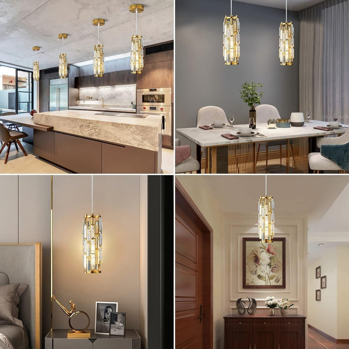 Pendant Lighting Modern Pendant Light, Mini Crystal Chandeliers,Adjustable Pendant Light Fixture for Kitchen Island Dinning Room Bedroom (Gold, 1-Light)