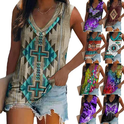 Ethnic Style Multi-pattern Print Sleeveless T-shirt Women's Vest V-neck Casual Loose Shirts Blouse Tank Top Camisoles