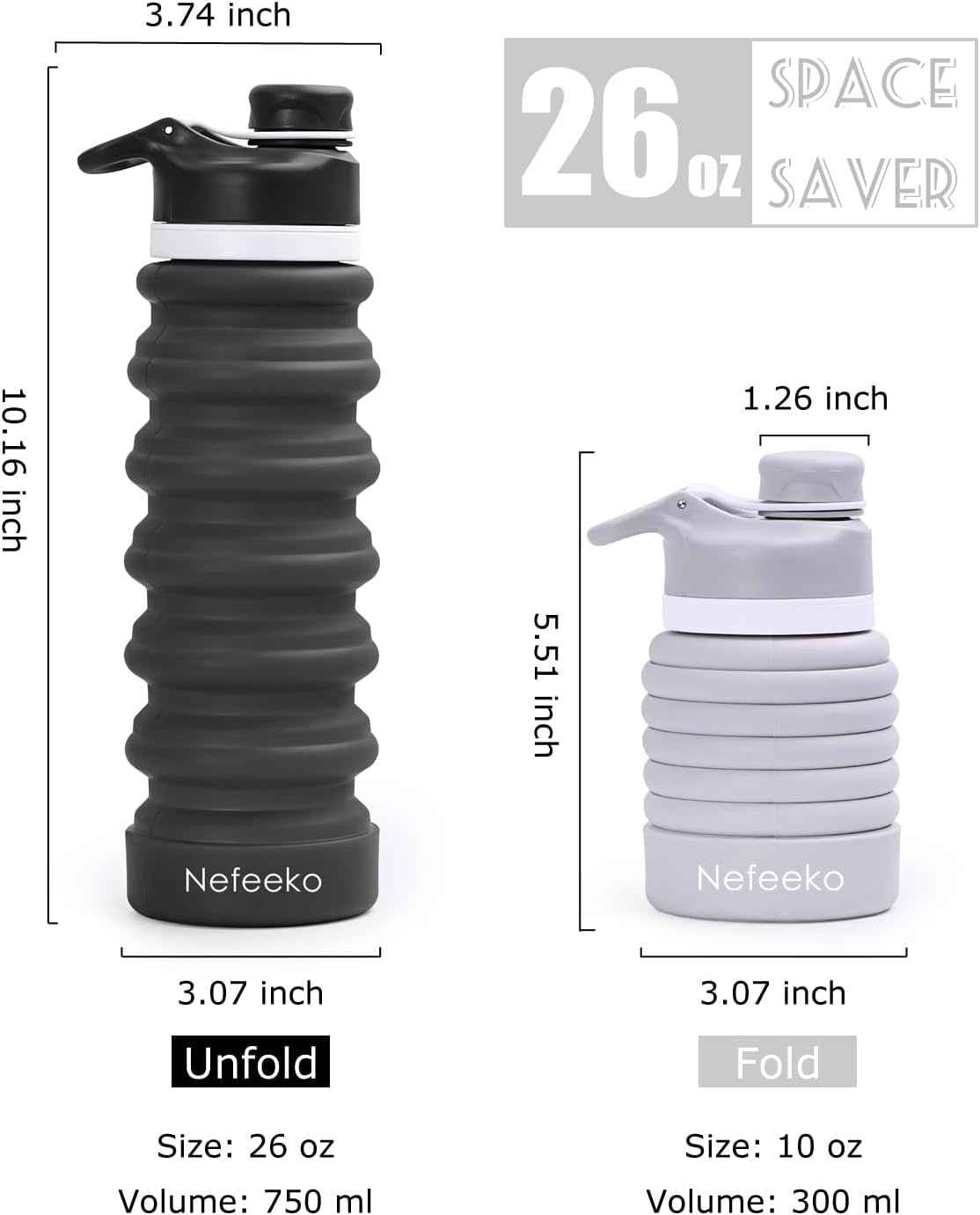 Collapsible Water Bottle, 26Oz Silicone Foldable Water Bottles Leakproof BPA Free Travel Water Bottles with Carabiner, Portable Sport Water Bottles for Camping,Hiking Outdoor Indoor Sport
