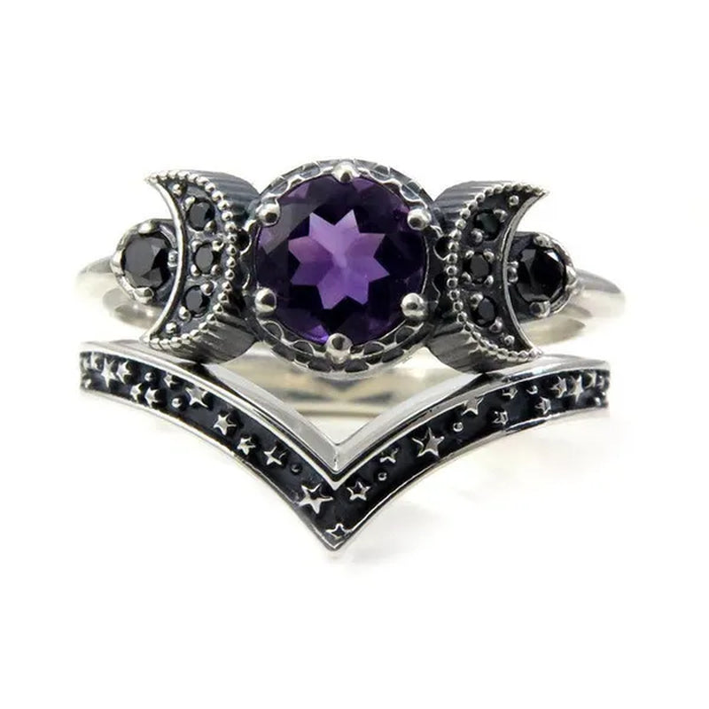 Hecate Triple Moon Ring Set Silver and Black Diamond Engagement Rings  Amethyst or Red Crystal Wedding Ring Unique Moon Goddess Rings for Women Fashion Jewelry Boho & Hippie & Gothic Anniversary Gift