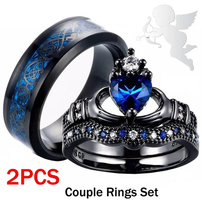 2PCS Fashion Blue Sapphire Couple Rings Diamond Rings Heart Shape Blue Sapphire Engagement Wedding Rings Set